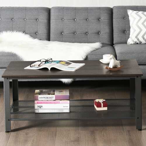 Metal Frame Wood Coffee Table Console Table with Storage Shelf-Black